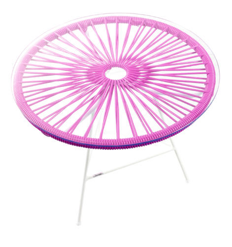 Zipolite Round Table made of white steel, coloured PVC rope and glass table.