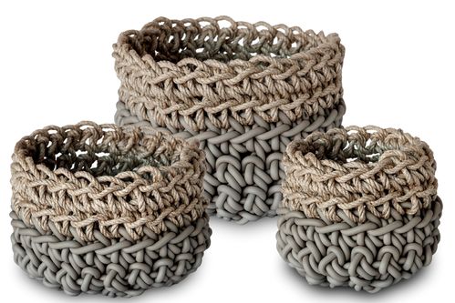 Neoprene & Natural Hemp yarn 3 Baskets Set. Hand knitted.