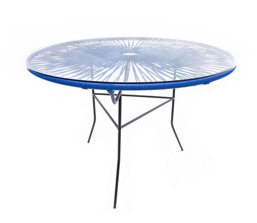 Gran Merida Round Table made of black steel, coloured PVC rope and glass table.